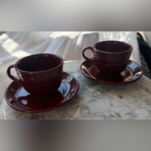 Vintage FiestaWare! Deep Burgundy Ceramic Cup and Saucer Set - 2-Pack